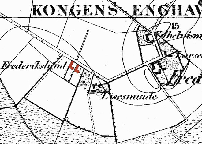 Kort over de gamle gårde i 1853